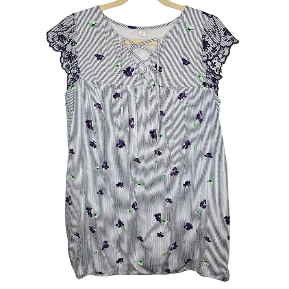 Old Navy Blue and White Striped Floral Eyelet Mini Dress Lightweight Large